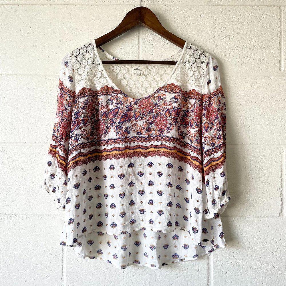 O'Neill White Floral Crochet Boho Bohemian Henna Pattern Blouse Top Women's XS - Picture 1 of 4